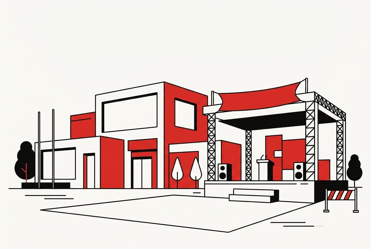 Flat illustration of a political party headquarters, an election rally stage, and a county government building.