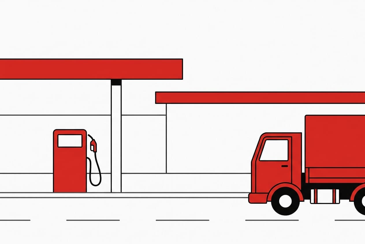 Flat illustration of a diesel fuel pump at a petrol station with a truck on a road.