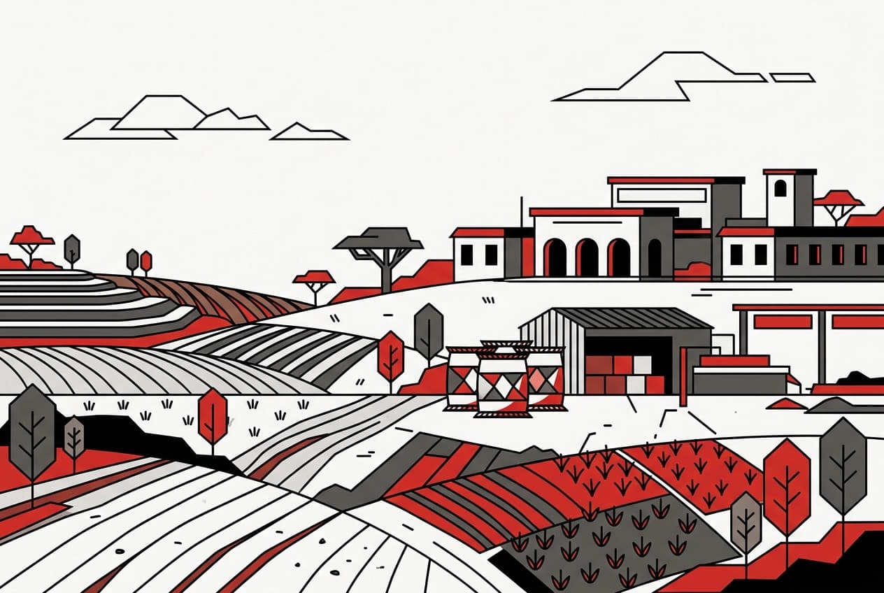 Flat illustration of Kenyan farms with seed bags and fertilizer sacks, under rain clouds, with government buildings in the background.
