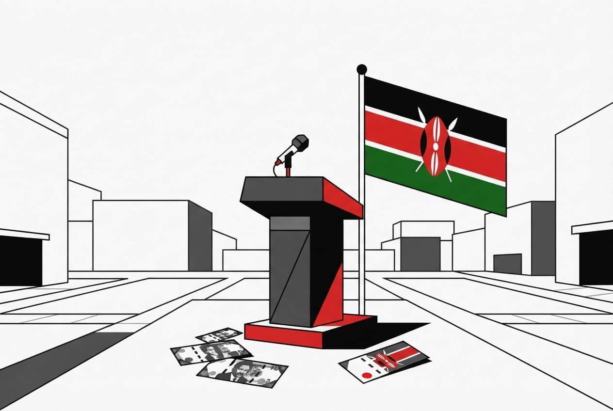 Flat illustration of Kenyan flag, podium, microphone, national emblem, currency notes