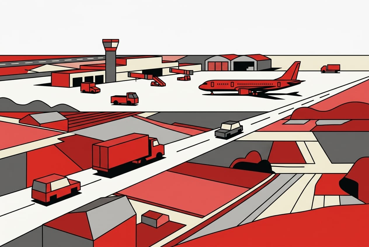 Flat illustration of an airport, a county road, and a vehicle.