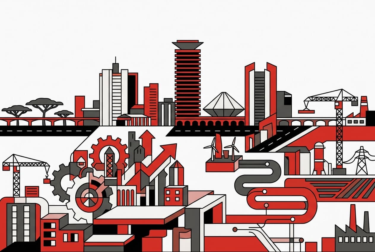 Flat illustration of a city skyline with a forum building, investment charts, and gears representing implementation.