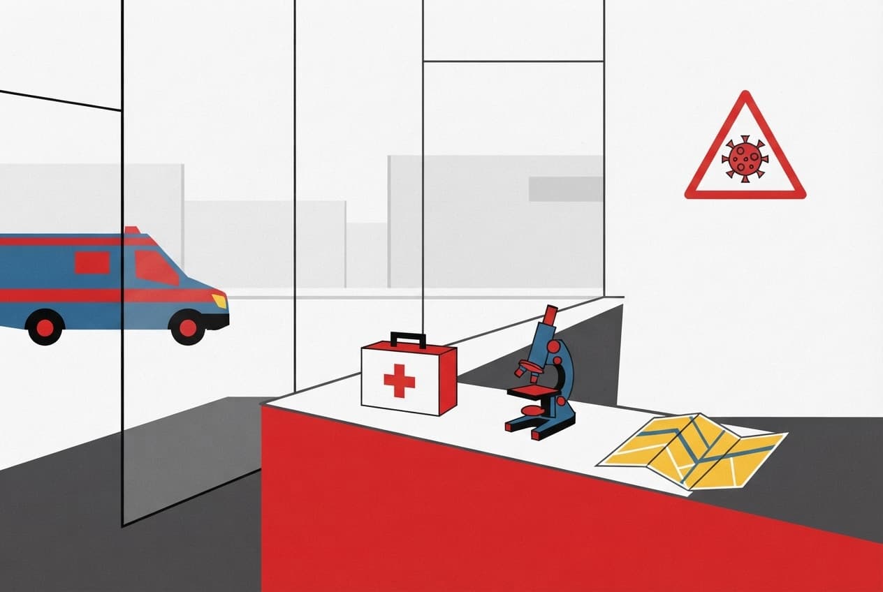 Flat illustration of Microscope, Warning sign, Emergency vehicle, First aid kit, Map