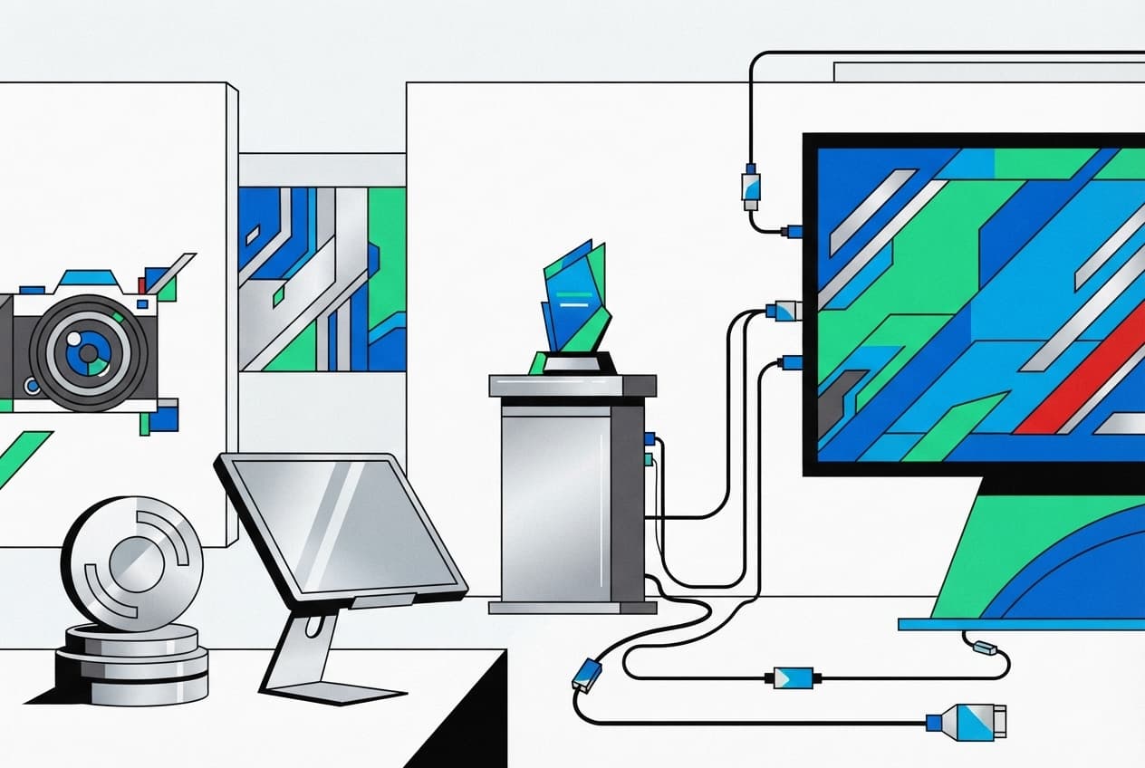 Flat illustration of Tablet, Display screen, Exhibition stand, Award plaque, Network cables