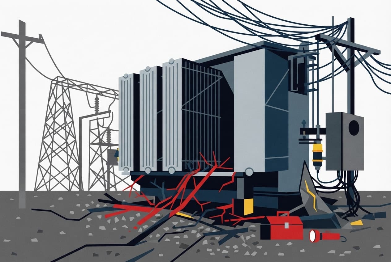Flat illustration of Substation, Power lines, Electricity pole, Transformer, Toolbox, Flashlight