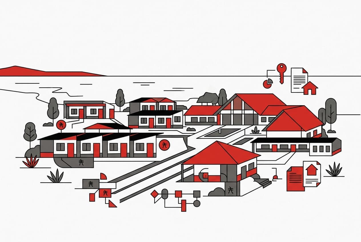 Flat illustration of a resort by a lake, with stylized houses and a mortgage symbol.