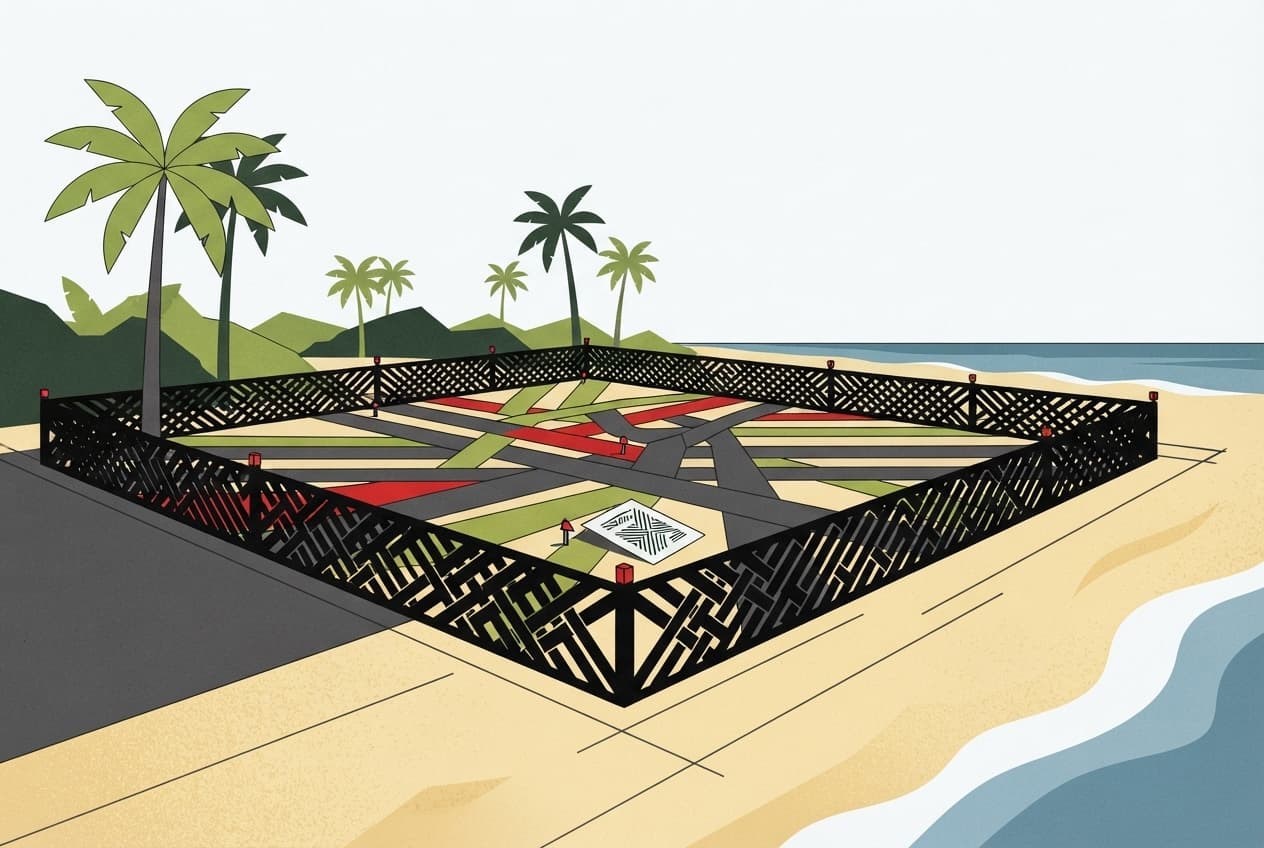 Flat illustration of Land parcel, Survey pegs, Title deed, Palm trees, Beach sand