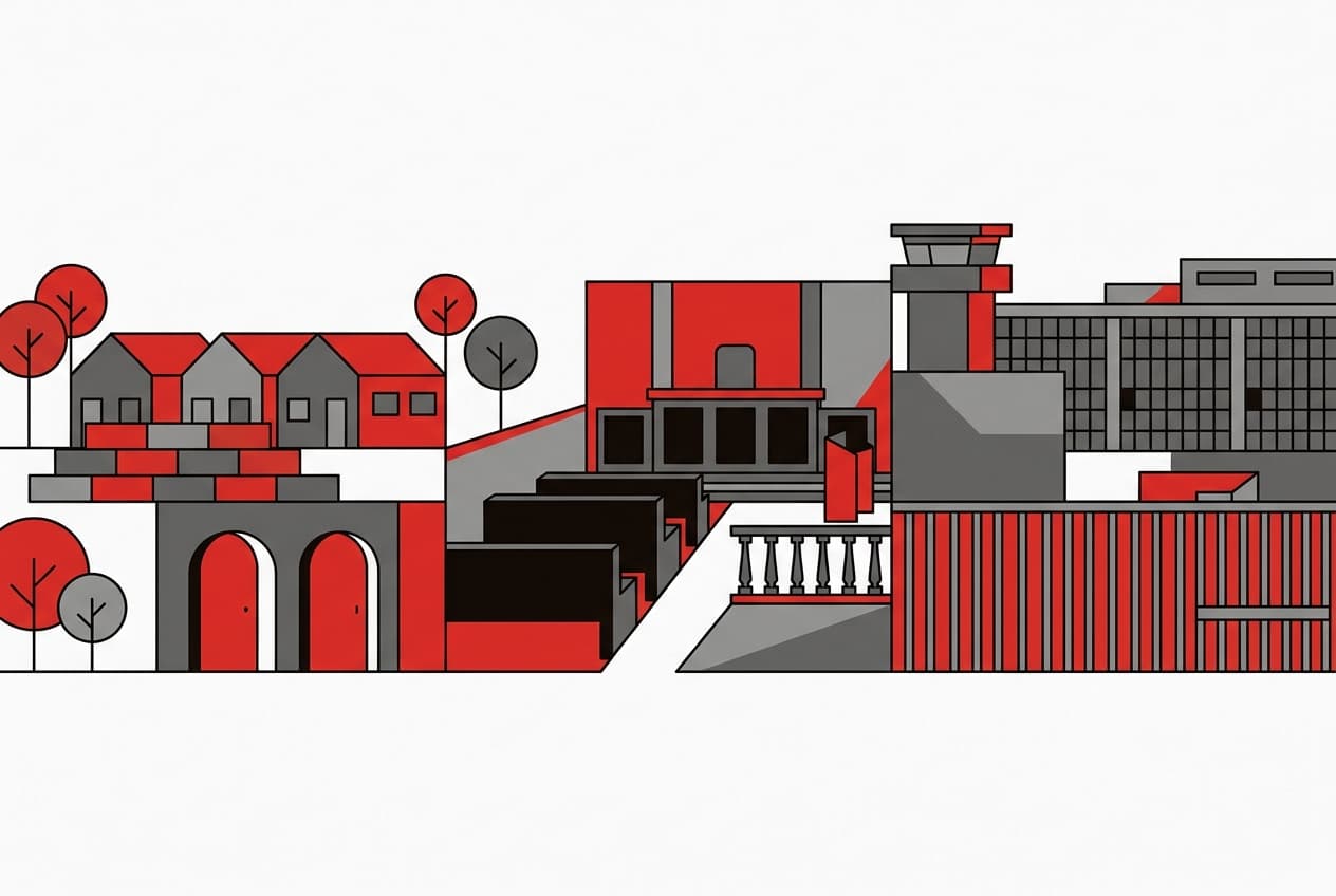 Flat illustration of a school building, a courtroom, and a prison